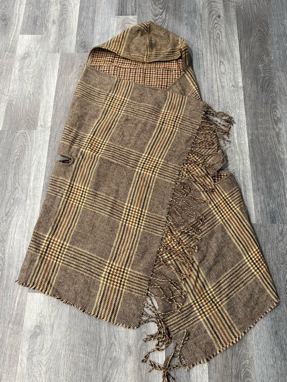 Sfera Femme Collection Plaid Earthy Boho Hooded Blanket Scarf Wrap with Fringe